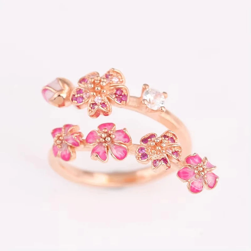 FTCY S925 Silver Rose Enamel Peach Blossom With Crystal Ring For Women Fit for Couple rings-Simple and Fine Jewelry Wedding Part