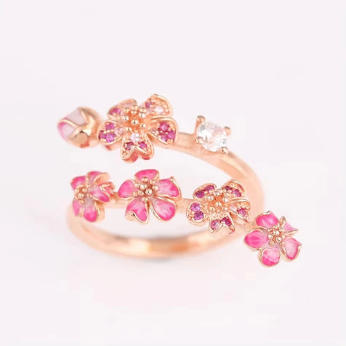 FTCY S925 Silver Rose Enamel Peach Blossom With Crystal Ring For Women Fit for Couple rings-Simple and Fine Jewelry Wedding Part