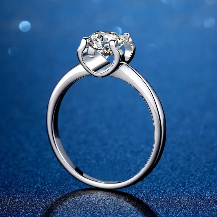Women's PT950 Platinum 3Ct Moissanite Four-Claw Plain Bull Head Ring -Women's exclusive, neat plain band, must-have for proposal