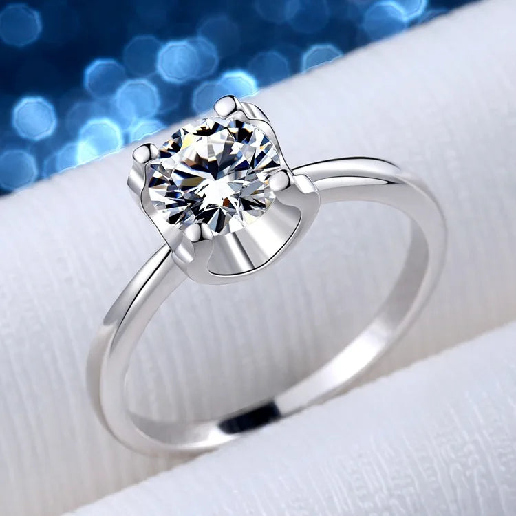 Women's PT950 Platinum 3Ct Moissanite Four-Claw Plain Bull Head Ring -Women's exclusive, neat plain band, must-have for proposal
