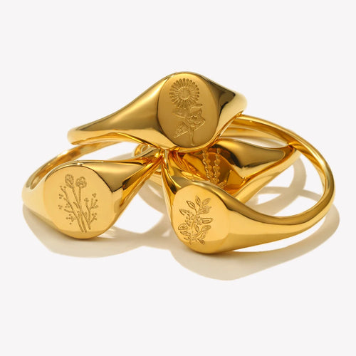 E.B.belle Tarnish Free Stainless Steel 18k Gold Plated Engraving Wildflower Tea Leaf Lavender Sunflower Signet Rings For Women